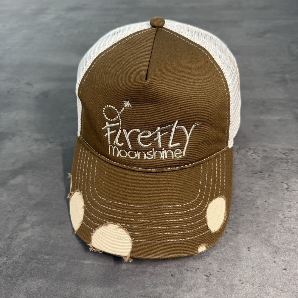 Firefly Moonshine Snapback Hat Brown White Mesh Trucker Thrashed Distressed‎ Cap